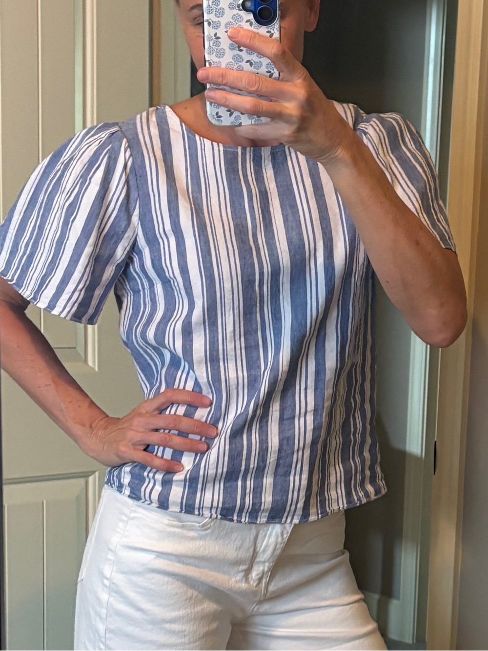 CAbi Blue and White Striped Short Sleeve Blouse